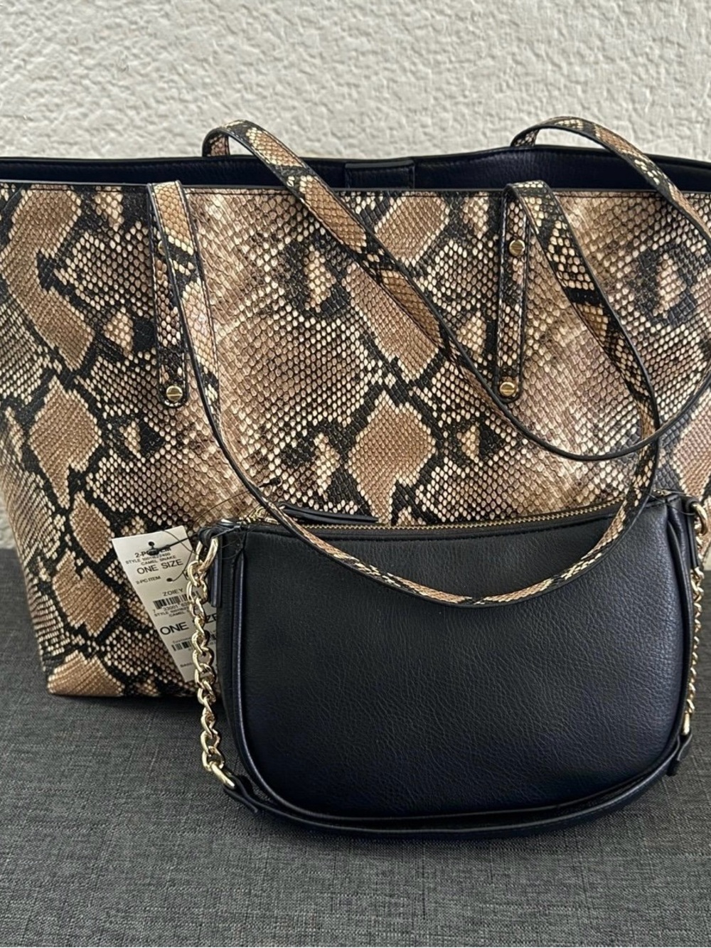 Snake-Print Tote with Black Crossbody Insert - Black/Tan